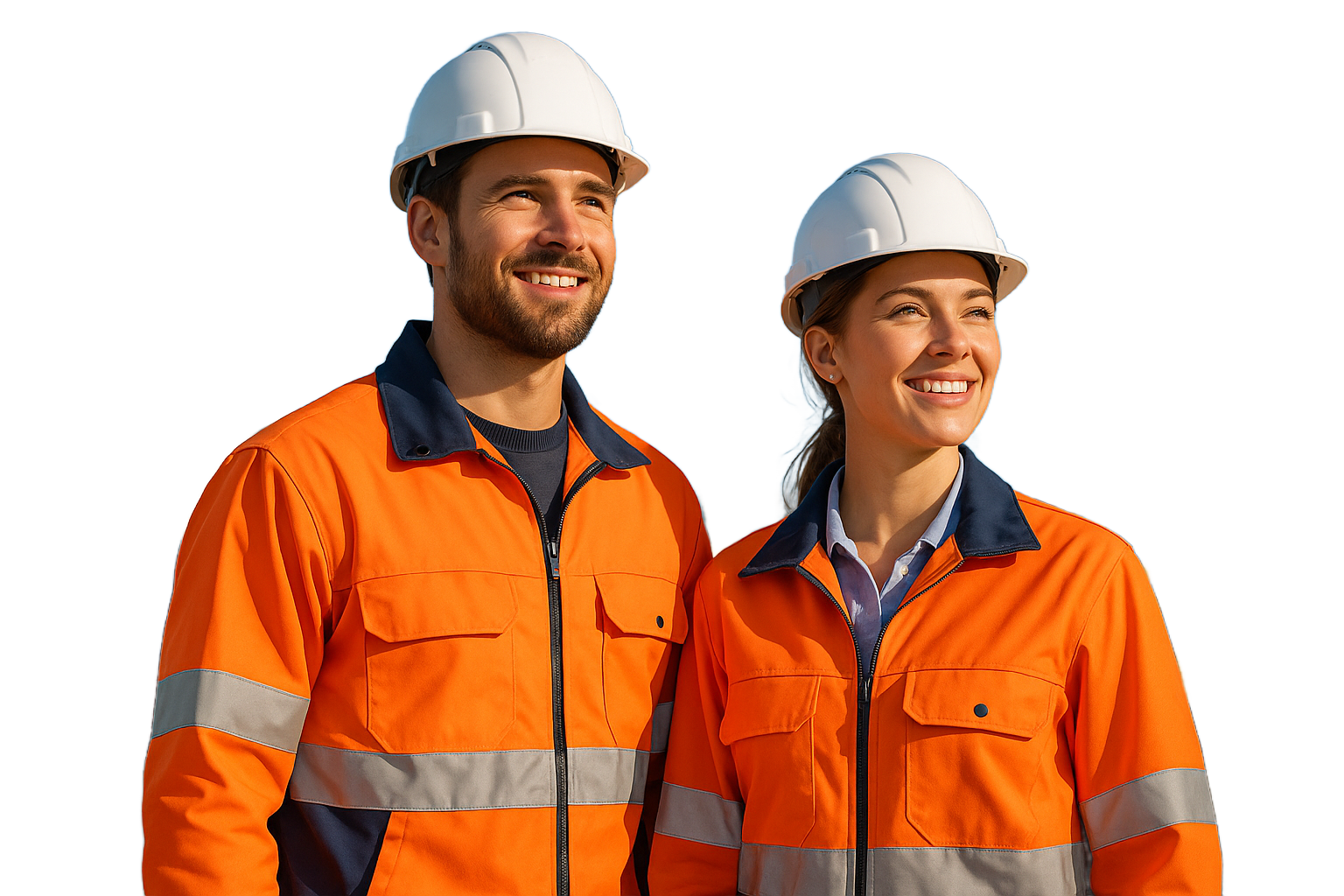Two workers in orange suits and with helmets on