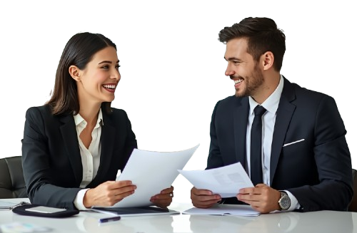 A woman and a man sitting at a desk and talking
