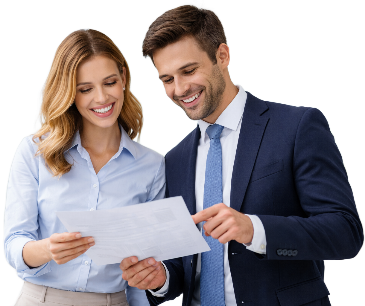 A woman and a man in suits holding a sheet of paper